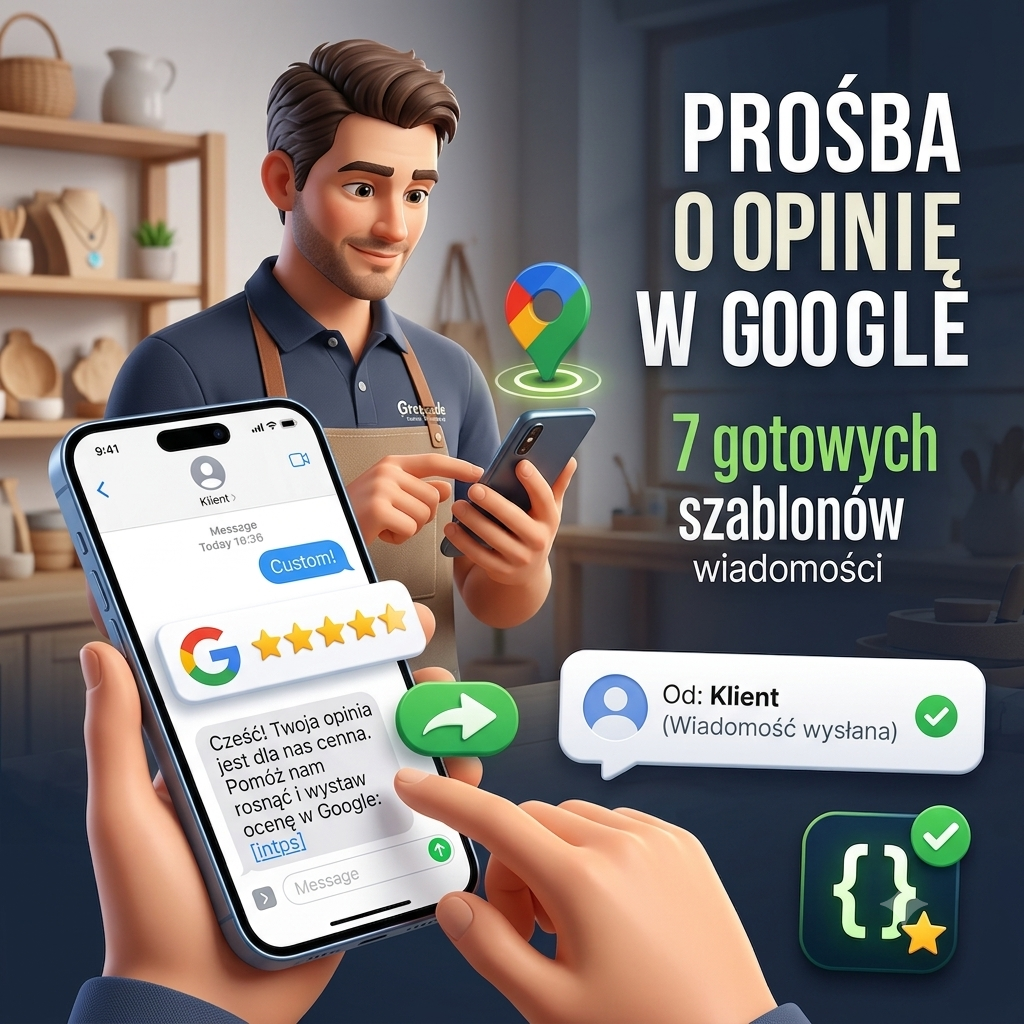 Właściciel małej firmy wysyła klientowi wiadomość z prośbą o opinię w Google na smartfonie